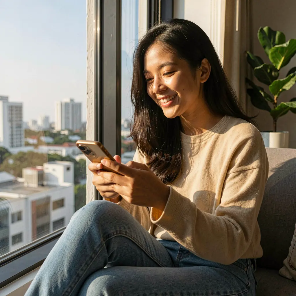 Filipino woman relaxing by a sunny window while using the D9D9D9 mobile casino app on her smartphone