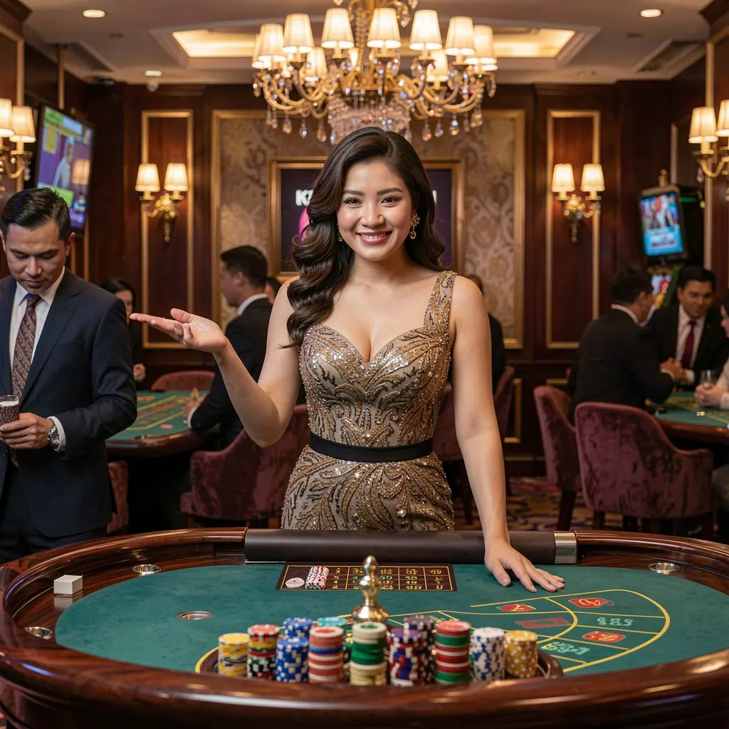 Professional live casino dealer in an elegant black evening dress at a roulette table with a welcoming gesture showcasing the premium live gaming atmosphere at D9D9D9 for players in the Philippines