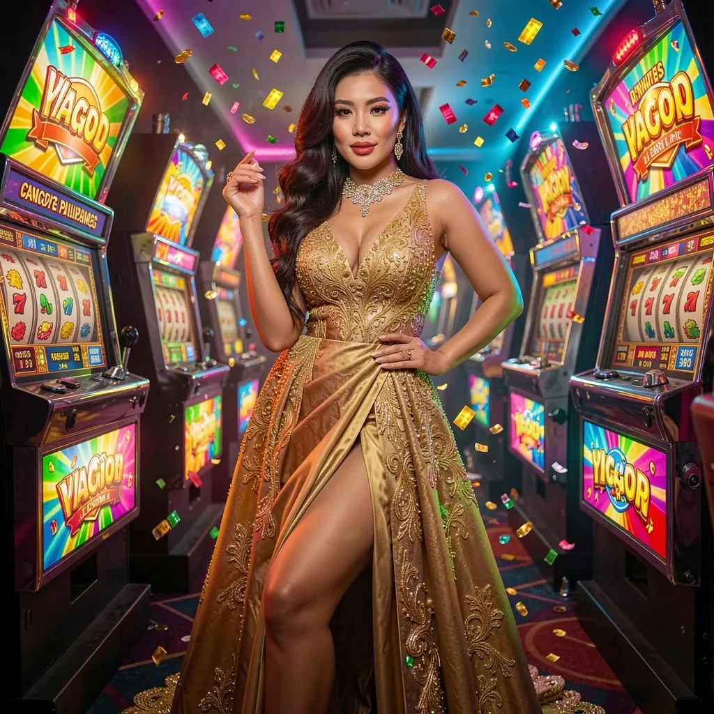 Elegant woman in a golden dress standing among glowing slot machines in a modern casino atmosphere highlighting the premium gaming experience at D9D9D9 for players in the Philippines